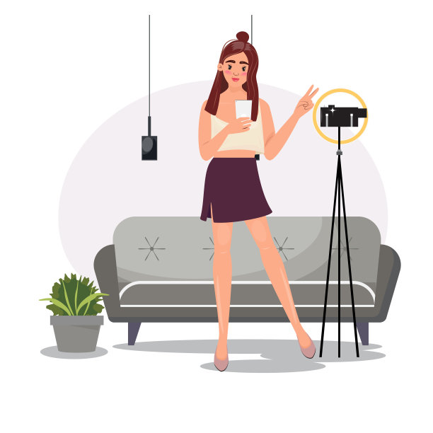 一个女孩站在一个时尚的客厅里，用她的手机，用她的手做了一个和平的手势。社交媒体。影响的概念图片下载