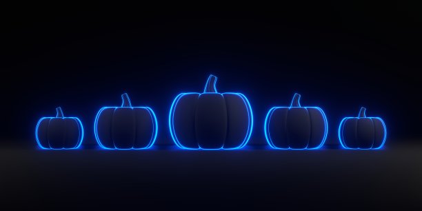 南瓜灯在黑色的背景上和蓝色的霓虹灯排成一排图片下载