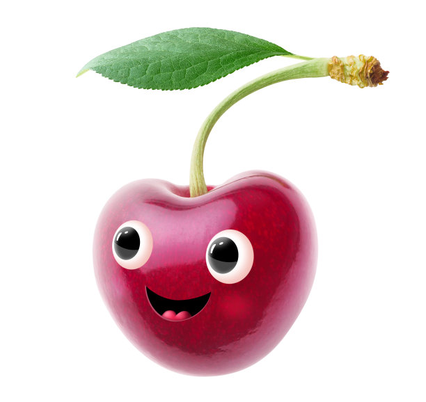 可爱的樱桃人物与叶子和微笑孤立在白色的背景图片下载