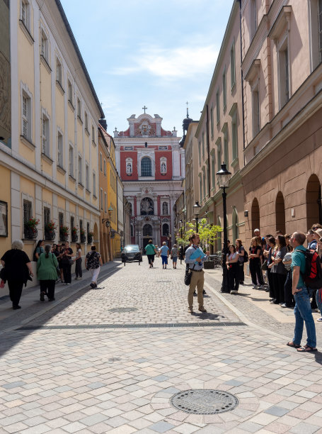 波兰，波兹南，瑞士大街，背景中的学院大教堂图片下载