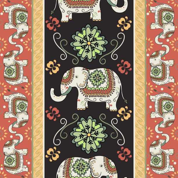 矢量无缝边界图案与华丽的印度大象，热带棕榈树，古董寺庙。彩色细线，白色背景上的佩斯利纹饰。成人和儿童涂色书图片下载