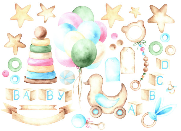 一套儿童玩具金字塔，鸭子，气球，卷轴，标签，珠子，立方体，星星。水彩插图是手绘的。适用于纺织品、废纸、墙纸、包装纸、卡片、请柬及儿童聚会装饰。图片下载