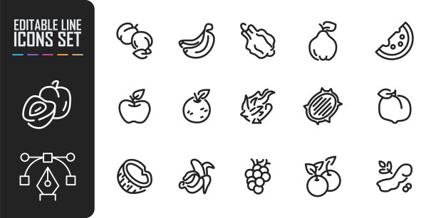 一组线性样式的线条图标。集-水果和外来水果。可食用的树木和植物的果实。轮廓图标收集。象形文字和信息图形。可编辑的中风。图片下载