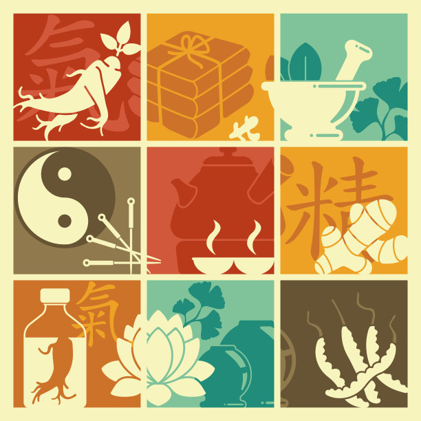 中医的符号。它包括针灸、真空拔火罐、人参、生姜等图片下载