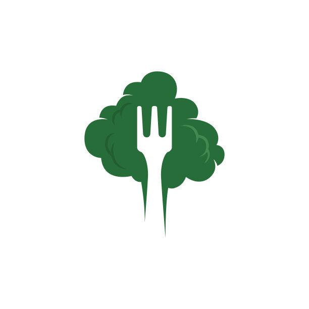 食物标志与叉子和叶子或蔬菜图片下载