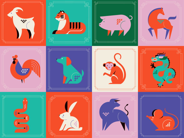 中国星座生肖收藏，几何极简风格。动物是中国新年的象征。一套吉祥物:兔、龙、蛇、虎、牛、鼠、猪、狗、鸡、猴、羊、马图片下载