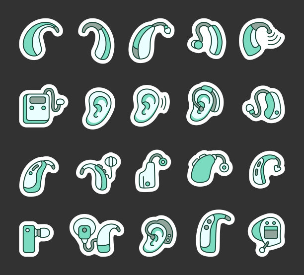 给聋人的助听器。贴纸书签。医疗设备。手的风格。矢量图。设计元素的集合。图片下载