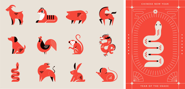 中国星座生肖收藏，几何极简风格。动物是中国新年的象征。一套吉祥物:兔、龙、蛇、虎、牛、鼠、猪、狗、鸡、猴、羊、马图片下载