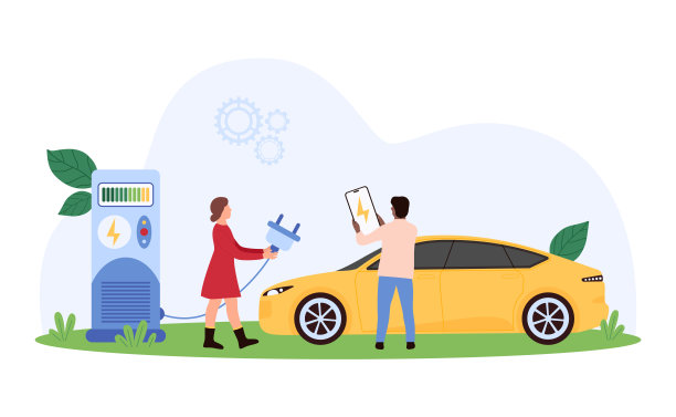 电动汽车在充电站停车场充电，电动汽车。渺小的人图片下载