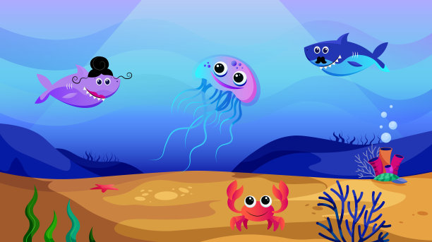 海底场景与鲨鱼，水母和螃蟹插图图片下载
