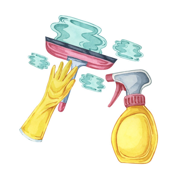 带橡胶手套的喷瓶和橡胶刮刀清洁窗户。清洁用具的水彩插图。家政服务的剪贴画图片下载