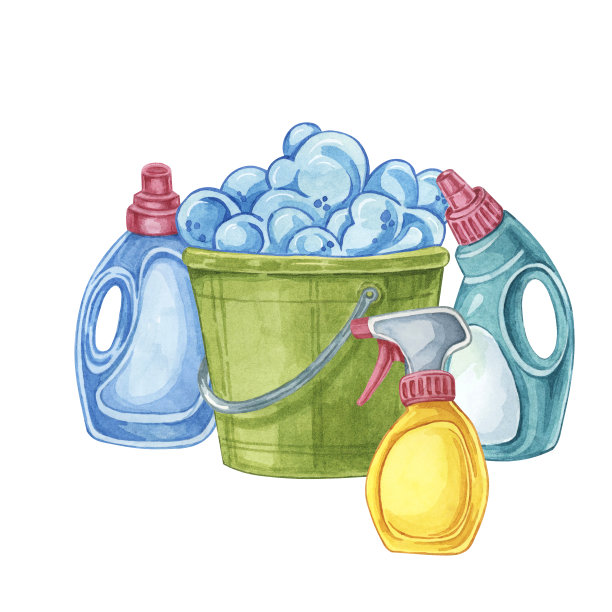 桶内有肥皂泡沫，清洗液，去污剂，海绵。家用清洁用具水彩插图。用于家庭维护的剪贴画图片下载