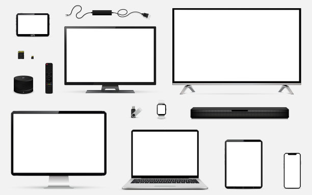 一套逼真的电视，电脑显示器，笔记本电脑，平板电脑，手机，手表，智能扬声器，条形音箱，usb闪存驱动器，gps导航设备和遥控器。图片下载