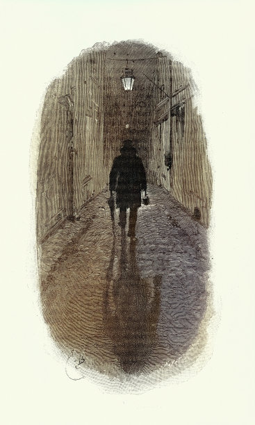 维多利亚时代的神秘谋杀案，神秘男子在夜晚走在黑暗的小巷里，法国，19世纪90年代。《年轻的弗朗索瓦·科皮》，埃米尔·贝亚德绘制图片下载