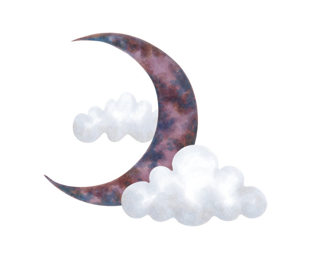 月牙带云的天象。插图与水彩和标记。孤立的手绘艺术与天空的元素。剪贴画卡通儿童素描的衣服，婴儿房，卡片图片下载