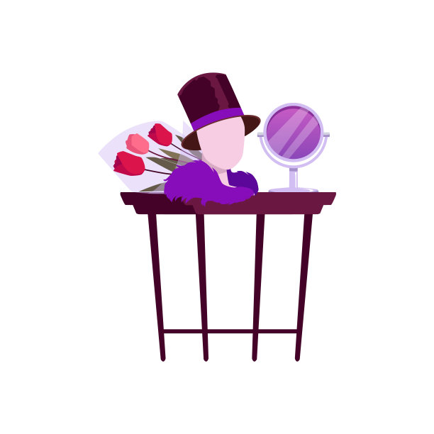 演员化妆间的配饰，带镜子的桌子，带黑色大礼帽的假人头饰和带羽毛的围巾向量后台图片下载