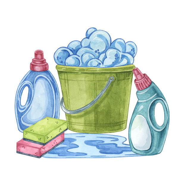 桶内有肥皂泡沫，清洗液，去污剂，海绵。家用清洁用具水彩插图。用于家庭维护的剪贴画图片下载