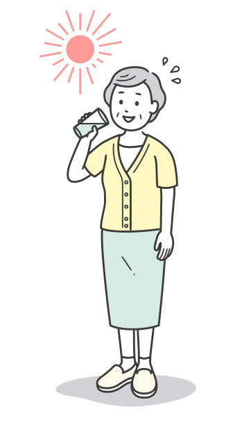 一位资深女性在酷热中全身补水的插图图片下载