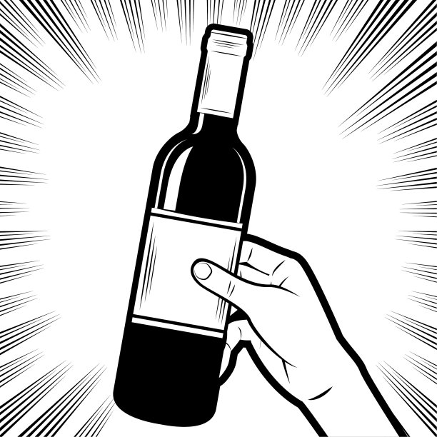 人手拿着葡萄酒瓶，背景是放射状漫画速度线图片下载