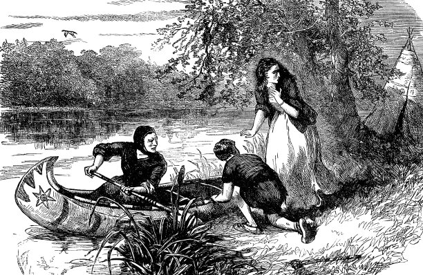 汉娜·达斯顿和塞缪尔·伦纳德森从美国新罕布什尔州梅里马克河上的一个岛上逃跑——17世纪图片下载