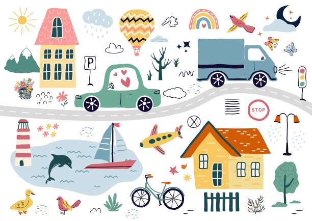 一个现代的场景，创造者手绘的汽车，标志，道路，一棵树。在白色背景上孤立的卡通元素。对于印刷品，儿童，纸张，印刷品。趋势艺术风格的矢量插图图片下载