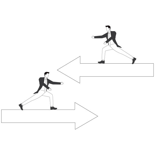 不同的方向，两个商人拿着箭头朝不同的方向跑图片下载