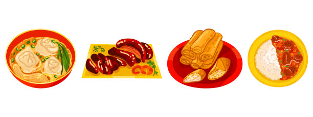 中国食品集菜单隔离在白色背景插图矢量。(春卷、点心、馄饨、炒面、糖醋鸡、北京烤鸭)。图片下载