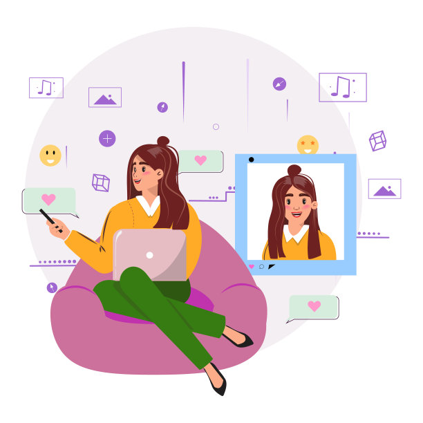 年轻女人舒适地坐在豆袋上，用笔记本电脑与社交媒体上的观众互动图片下载