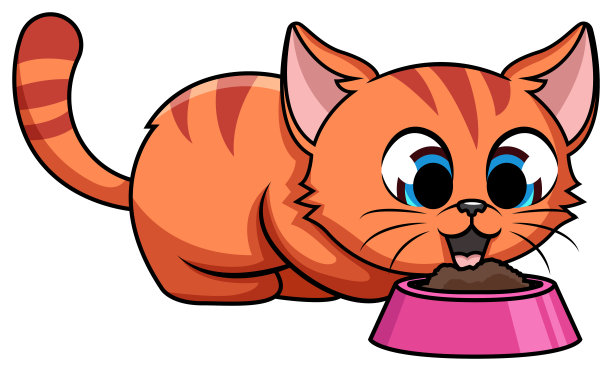 猫吃食物的卡通插图图片下载