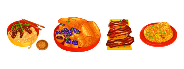 中国食品集菜单隔离在白色背景插图矢量。(春卷、点心、馄饨、炒面、糖醋鸡、北京烤鸭)。图片下载