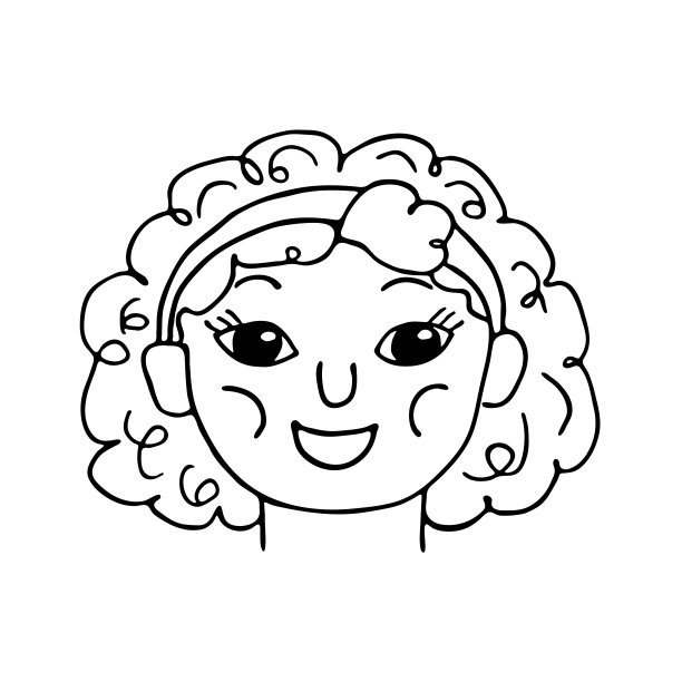 微笑的卷发童女孩脸上孤立的线条涂鸦图片下载