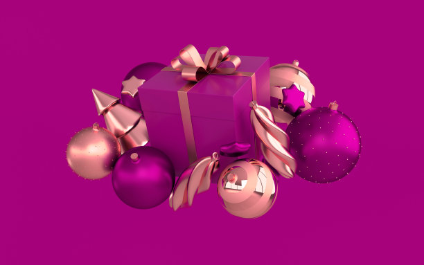 圣诞快乐，新年快乐3d渲染插画卡与金色，红色的圣诞球，星星，圣诞树，礼盒。冬天的装饰，圣诞节的简约设计图片下载