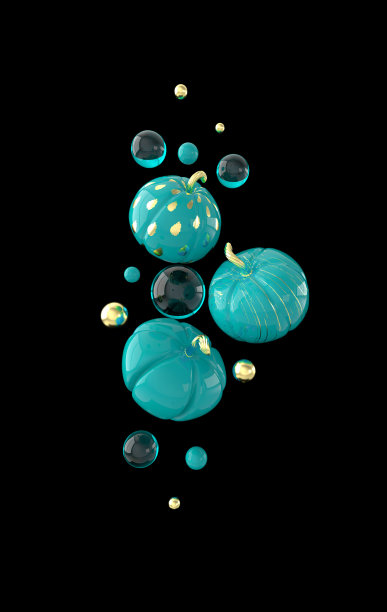 3d渲染浮动南瓜在黑色背景空间。最小的概念。节日装饰，蓝色和金色的南瓜庆祝万圣节活动模板图片下载