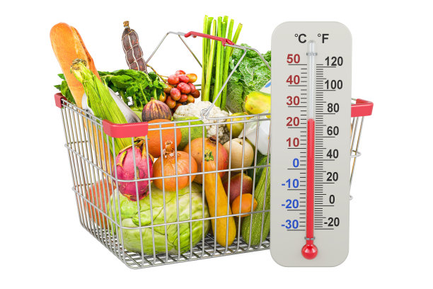 装满食物的购物篮，带有温度计，3D渲染图片下载