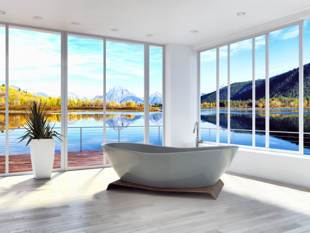 现代明亮的浴室室内3D渲染插图图片下载