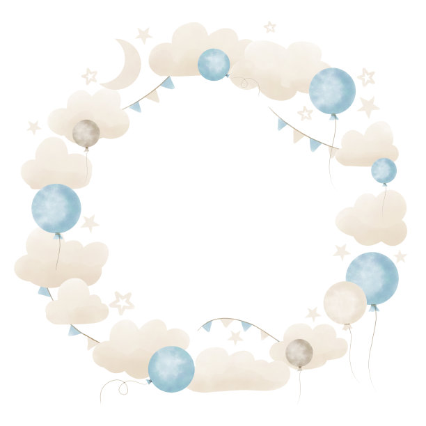 婴儿圆形框架与云彩和气球在柔和的蓝色和米色。男孩贺卡或生日假期邀请的边框。模板的边界与星星和花环图片下载