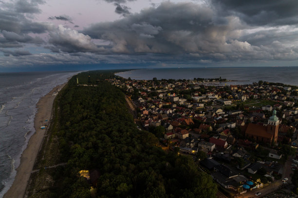 波兰的雅斯塔尼亚市。空中无人机拍摄的Jastarnia赫尔半岛波罗的海海岸照片。波兰的帕克湾。贾斯塔尼亚多云的日落。图片下载
