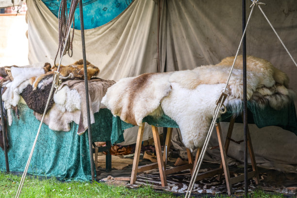 在中世纪的集市上，摆着各种羊皮的摊位图片下载