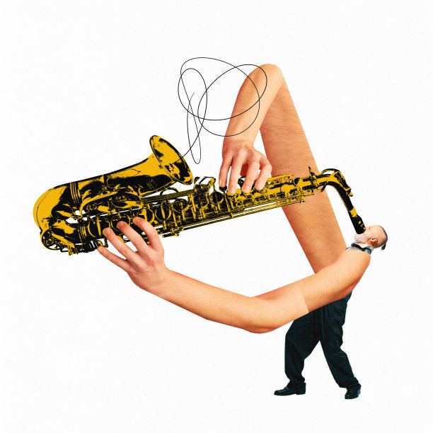 海报。当代艺术拼贴。爵士乐手用他巨大的手臂演奏着超大号的萨克斯风，象征着激情和奉献。图片下载
