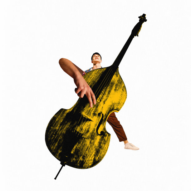 海报。当代艺术拼贴。音乐爱好者演奏他的巨大手臂超大黄色低音提琴。图片下载