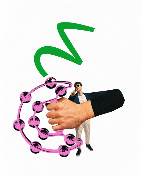 海报。当代艺术拼贴。一只超大的手拿着粉红色的大手鼓，一个男人对着麦克风唱着歌。图片下载