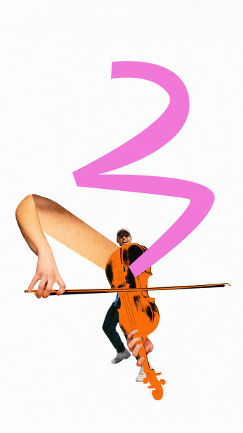 海报。当代艺术拼贴。超大的橙色大提琴，热情地演奏，涂鸦显示了乐器的深沉和共鸣的音调。图片下载