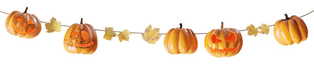 迷人的万圣节花环，以雕刻的南瓜灯和秋叶为特色，孤立在白色的背景上。可以用作分隔，页脚或页眉。万圣节派对。3 d渲染。图片下载