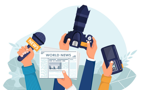 新闻。相机和照片。大众传媒、电视、采访、突发新闻、新闻发布会概念。平面向量图片下载