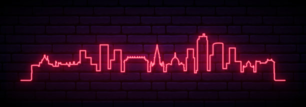 南特的红色霓虹天际线。明亮的南特，法国长旗。矢量插图。图片下载