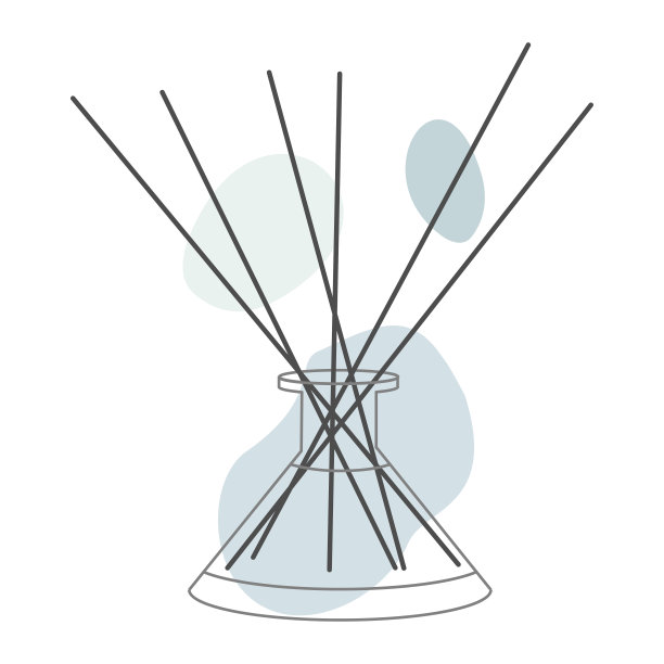 矢量线图标芳香疗法扩散器，简单的轮廓与抽象的颜色形状的水疗沙龙。精油店线性标志。手绘轮廓清新剂与竹棒隔离在白色图片下载