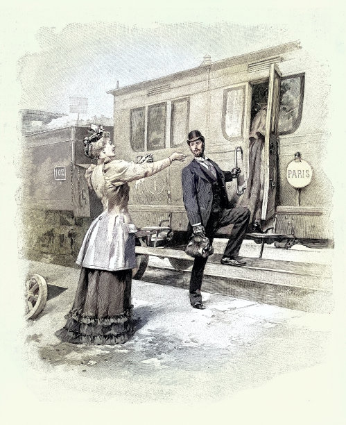 男子登上开往巴黎的火车，告别他的妻子，女友，法国，维多利亚时代的复古插图，19世纪90年代图片下载