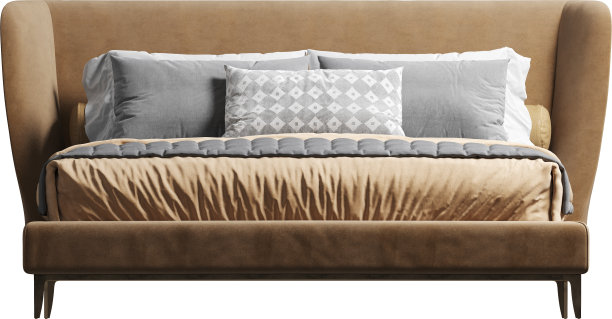 前视图双人床与焦糖皮革床头板图片下载