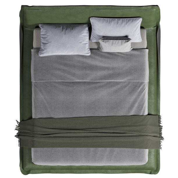 双人床的顶部视图与绿色皮革床头板图片下载