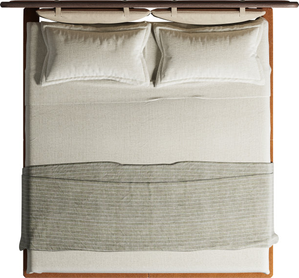 双人床与焦糖皮革床头板的俯视图图片下载